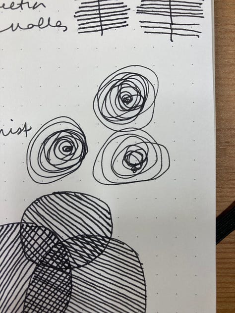 A series of nine drawings in black. Various patterns and marks.