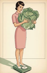 Mulher em pé em uma balança segurando uma grande alface. Mulher em pé em uma balança segurando uma grande alface.