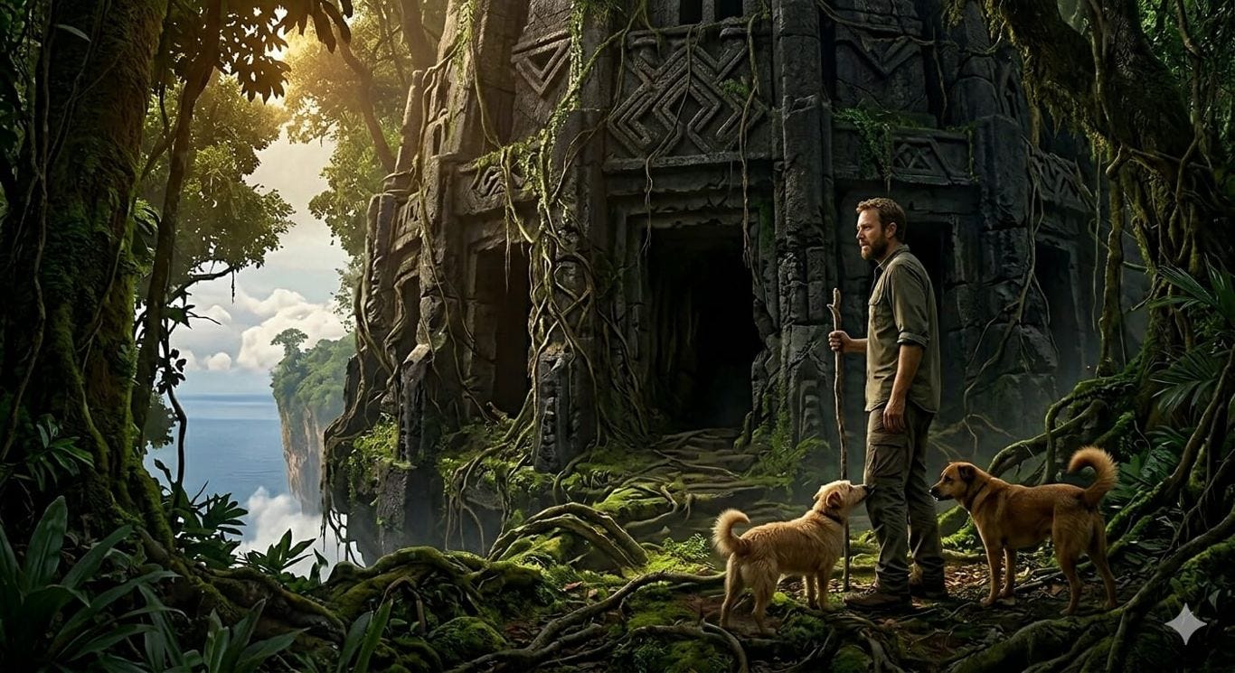 A man holding a walking stick and two small dogs stand in a shadowed, overgrown jungle on the floating island. They are cautiously looking at an imposing, ancient stone ruin covered in thick vines.