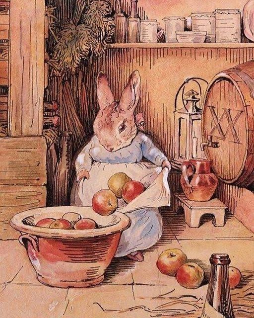 This may contain: a painting of a rabbit sitting in front of a basket filled with apples and an apple cider