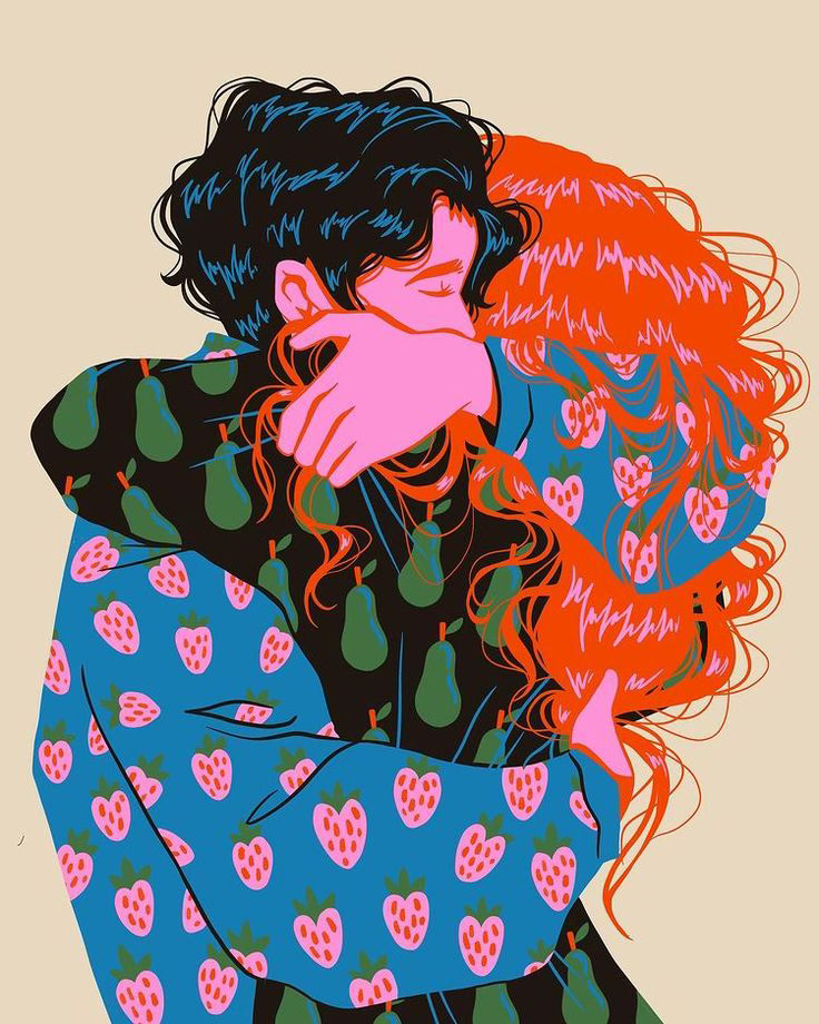 Vibrant illustration of two people embracing. One has black hair and wears a blue shirt with pink strawberries, the other has bright orange hair and wears a shirt with green pears. The background is beige.
