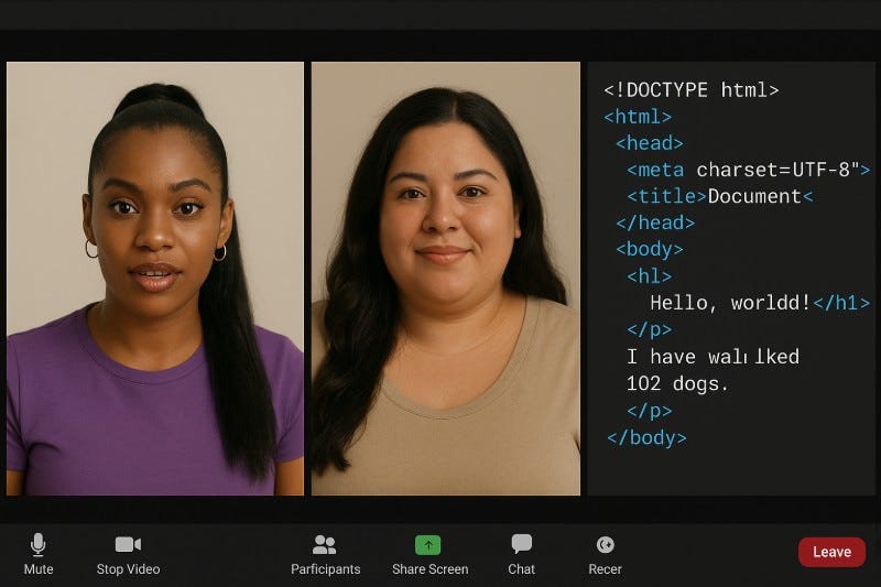 Virtual meeting screen with Black woman and Hispanic woman learning HTML coding