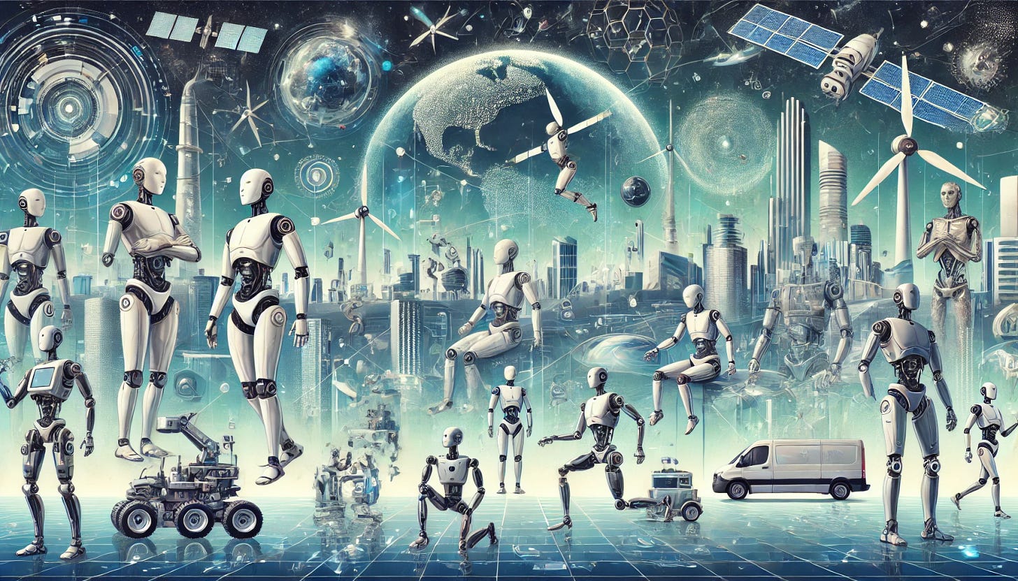 A futuristic horizontal illustration depicting the evolution and future of Physical AI, showcasing humanoid robots, autonomous vehicles, and advanced robotic arms in an interconnected urban environment. The background should include a futuristic cityscape with clean energy sources, while a space exploration scene hints at the cosmic potential of AI systems. The color palette should evoke innovation and optimism, blending high-tech metallics with soft blue and green hues.