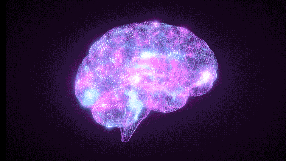 Illustrated GIF of a glowing brain lighting up with purple and blue flashes.