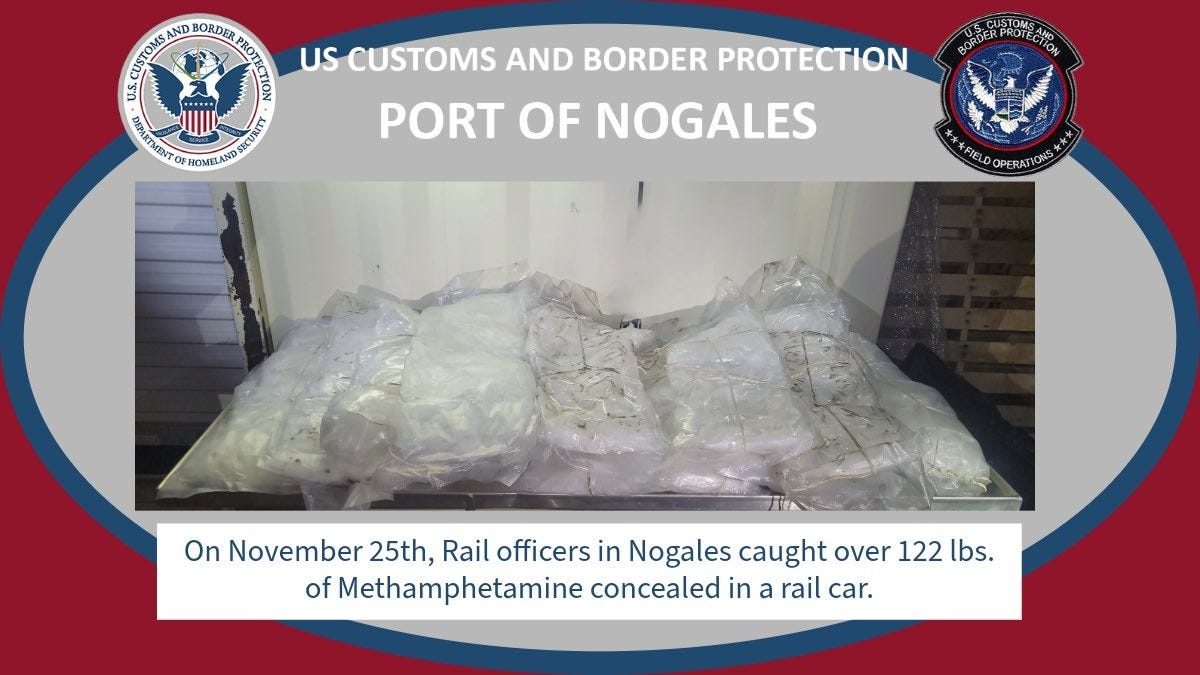 CBP “rail officers” discovered more than 122 pounds of meth hidden aboard a train entering Arizona from Mexico. CBP “rail officers” discovered more than 122 pounds of meth hidden aboard a train entering Arizona from Mexico.