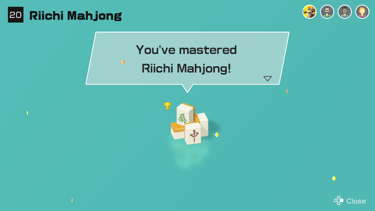 A congratulation screen, congratulating the player on mastering Riichi Mahjong.