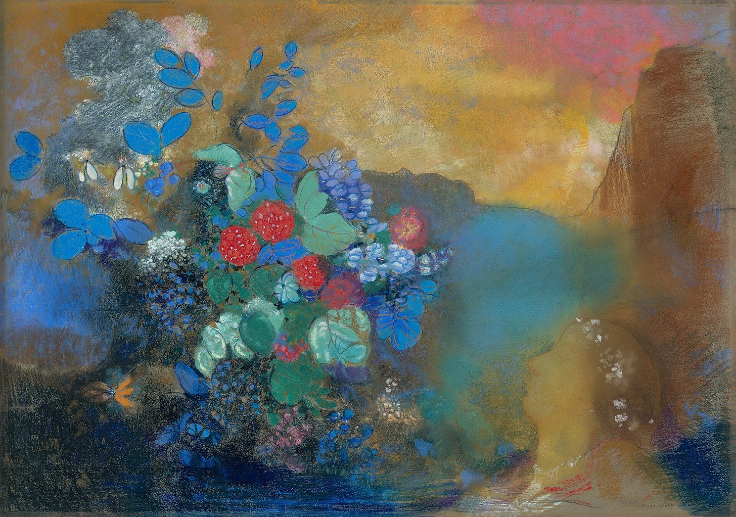 A burst of bright flowers in orange, blue, pink and green fills a dark ground, and in the lower right corner a pale face in profile, eyes closed, seems to float among them. A burst of bright flowers in orange, blue, pink and green fills a dark ground, and in the lower right corner a pale face in profile, eyes closed, seems to float among them.
