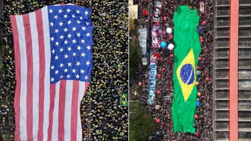 Esquerda abre bandeira do Brasil onde direita colocou a dos EUA Esquerda abre bandeira do Brasil onde direita colocou a dos EUA