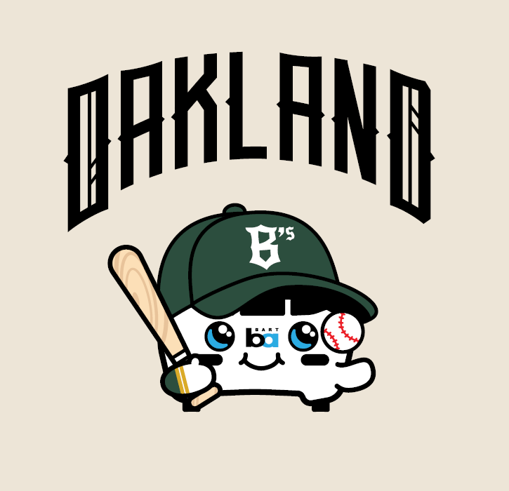 Illustrated design of Barty, the anthropomorphized BART mascot, wearing an Oakland Ballers cap and holding a baseball bat against a cream background. Above him, OAKLAND is emblazoned in green, stylized lettering reminiscent of a baseball jersey.