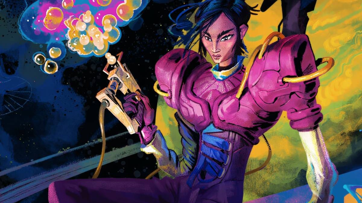 A death cleaner caries a gun-shaped device, but instead of bullets, it fires beautiful bubbles