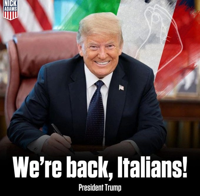 Image displays Donald Trump seated in a red leather chair at a wooden desk, dressed in a dark suit with a blue tie and American flag pin, smiling while holding a pen as if signing a document. Behind him are American and Italian flags on stands, with a white sculpture of a raised fist on the right. Bold white text overlay at the bottom reads Were back, Italians! with President Trump below it. Nick Fuentes logo appears in the top left corner.