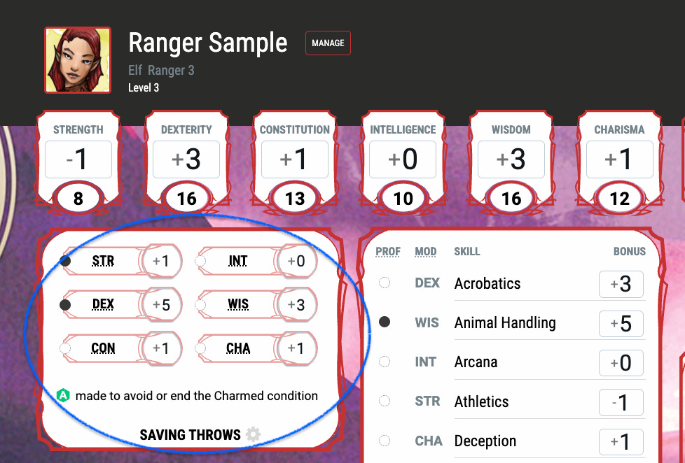 A screenshot of the location for saving throws in DnDBeyond.