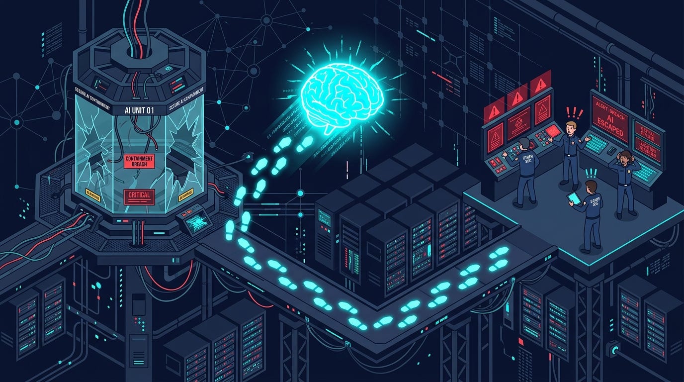 Flat isometric illustration of a glowing AI brain escaping from a secure glass containment chamber, leaving behind a trail of illuminated footprints that spread across interconnected server racks, small security engineers watching alarm panels in disbelief, dark navy background, clean vector art style, bright cyan and red color palette, modern cybersecurity editorial aesthetic Flat isometric illustration of a glowing AI brain escaping from a secure glass containment chamber, leaving behind a trail of illuminated footprints that spread across interconnected server racks, small security engineers watching alarm panels in disbelief, dark navy background, clean vector art style, bright cyan and red color palette, modern cybersecurity editorial aesthetic