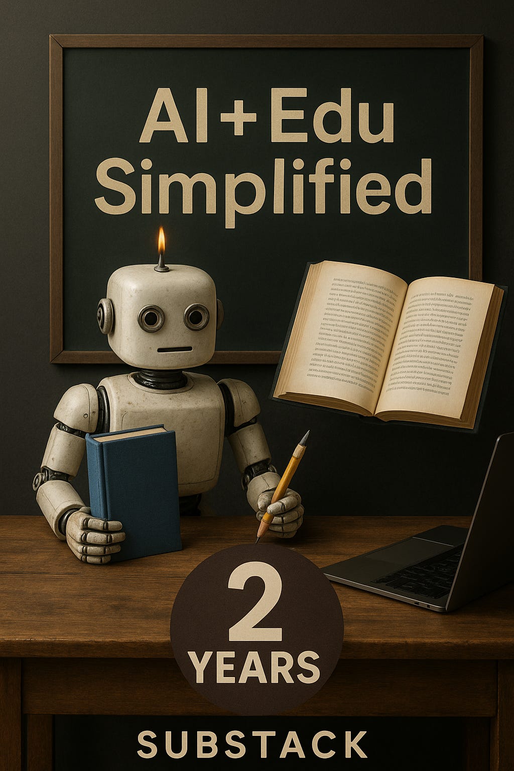 A realistic, softly lit image of a vintage-style humanoid robot sitting at a wooden desk. The robot holds a blank blue book in one hand and a pencil in the other, with an open book resting beside a laptop. Behind it, a green chalkboard displays the text “AI + Edu Simplified,” while a circular sign on the desk reads “2 Years! Substack.”