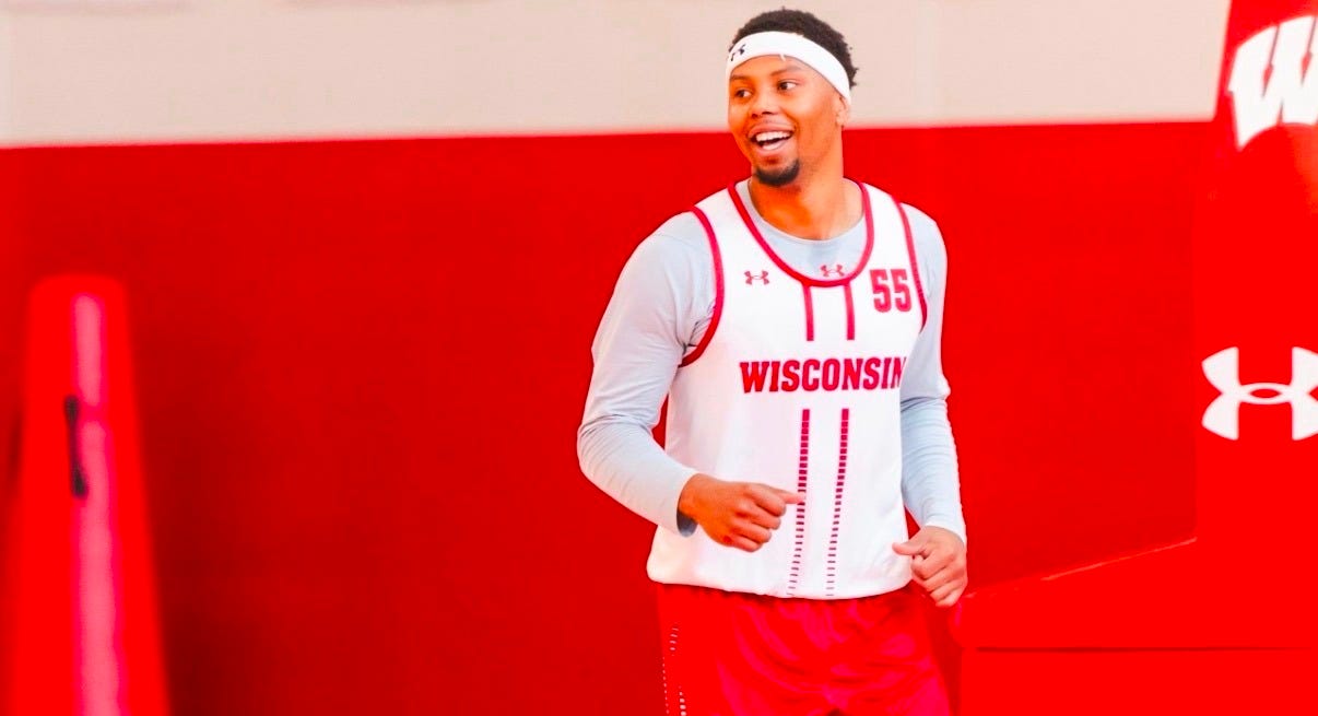 Wisconsin forward Eian Elmer smiles during a preseason practice at the Badgers’ practice facility. Wisconsin forward Eian Elmer smiles during a preseason practice at the Badgers’ practice facility.