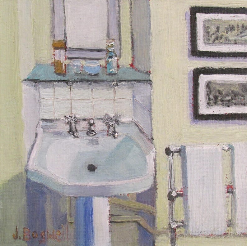 May include: An oil painting of a bathroom scene. A white sink with chrome fixtures is centered, with a blue and white striped pedestal. A shelf above holds bottles and a small bowl. Two framed pictures hang on the wall.