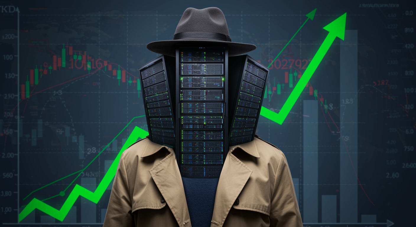 Three data center buildings wearing a trench coat, masquerading as a healthy economy in front of a GDP growth chart