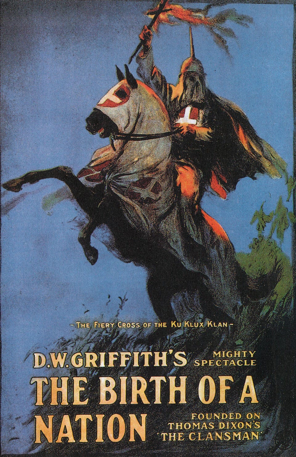Poster for the movie Birth of a Nation, illustration showing Klan member in mask with flag atop rearing horse