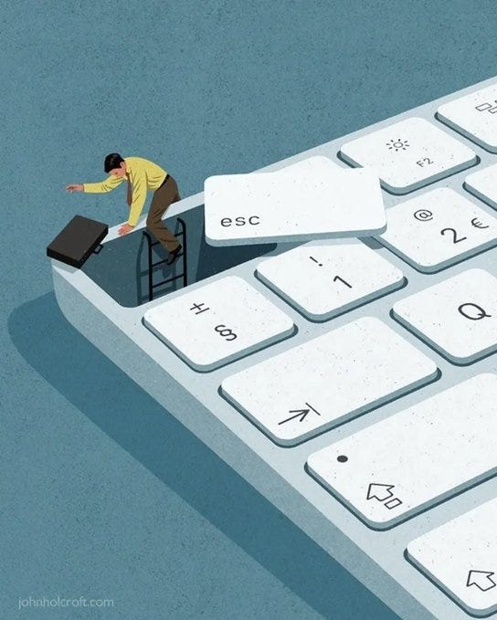 A detailed illustration shows a white computer keyboard with keys like Esc, F2, 1, 2, and arrow symbols visible. A small man in yellow shirt and pants climbs a ladder emerging from the Esc key, reaching out with one hand while holding a black briefcase in the other. The background is a solid blue gradient. A small watermark reads johnholcroft.com at the bottom right.