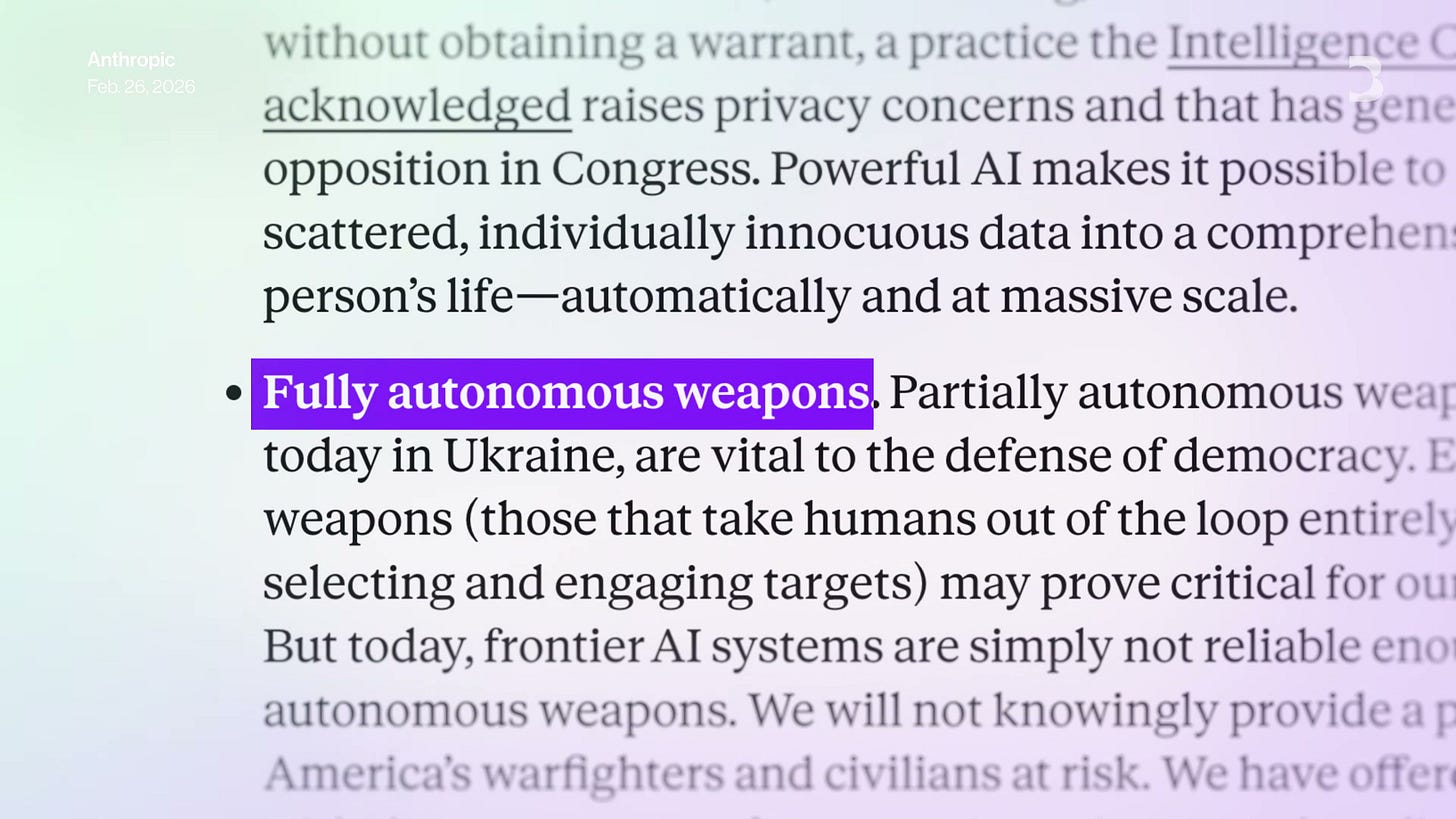 Anthropic 宣告中標出 Fully autonomous weapons，說明它在國防合作裡試圖畫出的紅線之一。