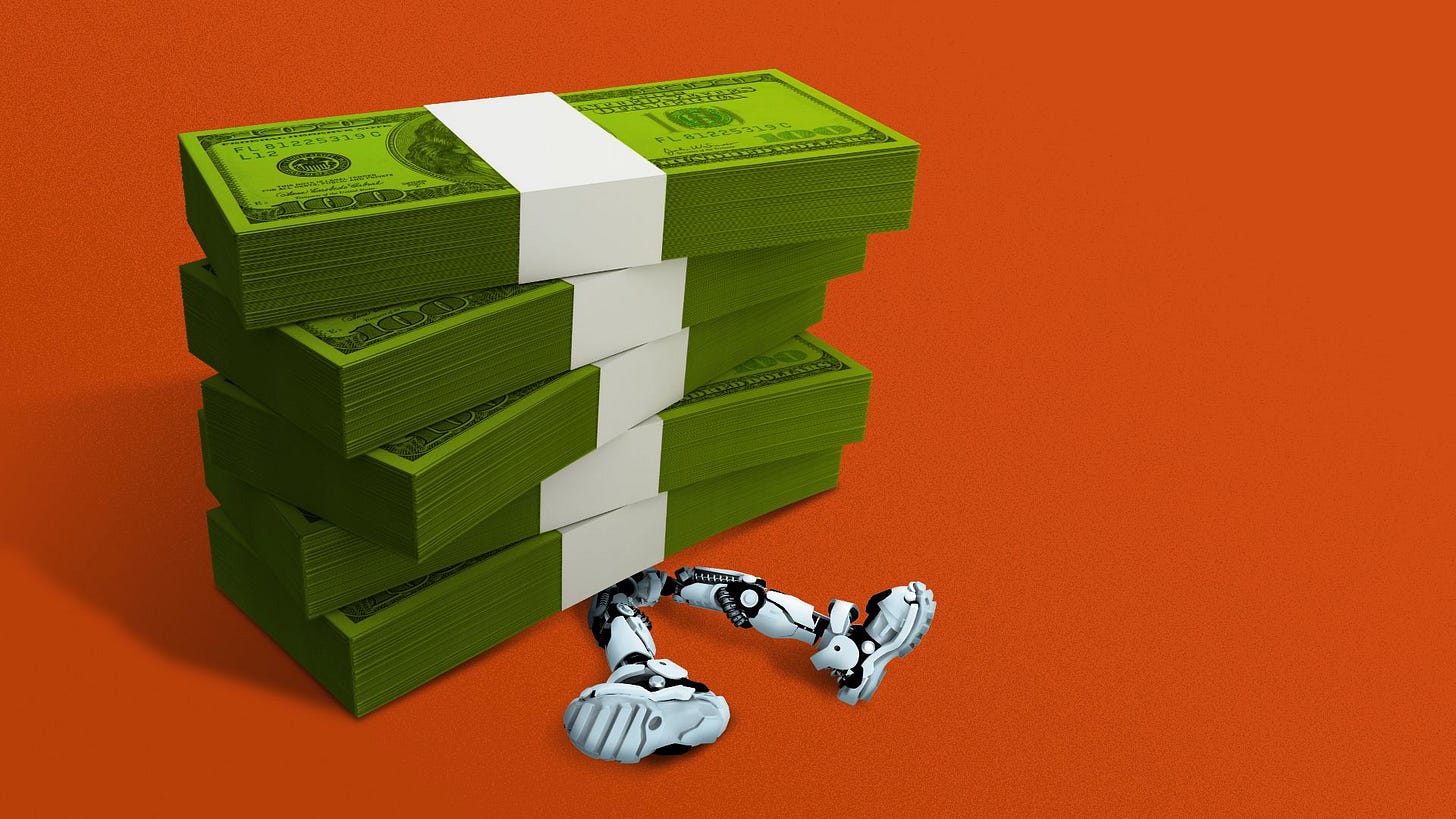 Illustration of a stack of money crushing a little robot.