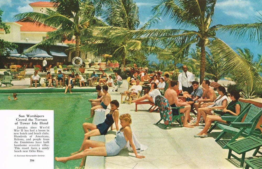 Sun Worshipers Crowd the Terrace National Geographic Magazine: March 1954 Jamaica – Hub of the Caribbean, p. 356 Sun Worshipers Crowd the Terrace National Geographic Magazine: March 1954 Jamaica – Hub of the Caribbean, p. 356