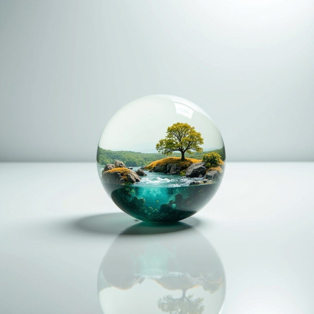 A perfectly transparent glass sphere floats in ethereal stillness against a pure white background, containing an entire miniature world within its boundaries. Inside, teal blue waters flow around rocky outcroppings, while a solitary amber-colored tree stands majestically on a tiny island. The crystal-clear orb captures intricate details of this microscopic ecosystem, with soft light creating delicate rainbow refractions along its curved surface. Rim lighting defines the sphere's edges, enhancing the contrast between the vibrant life contained within and the serene emptiness surrounding it. The dreamy composition creates a sense of both isolation and protection, as if preserving a precious fragment of nature in suspended animation.