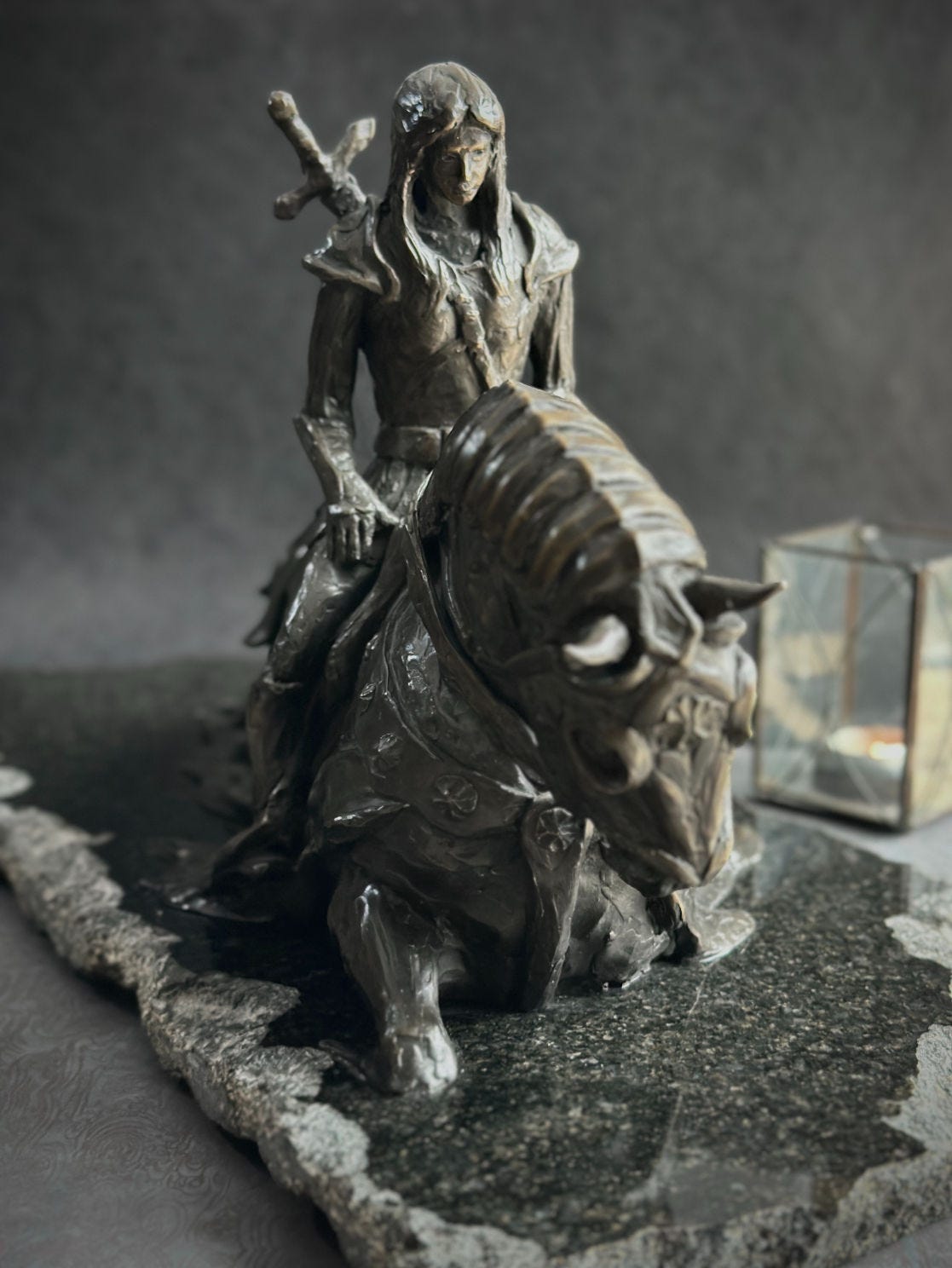 Front view of Spirit Warrior, cast bronze warrior woman riding her warhorse by Kindrie Grove
