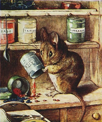 This may contain: a drawing of a mouse sitting on top of a table next to jars and spoons This may contain: a drawing of a mouse sitting on top of a table next to jars and spoons