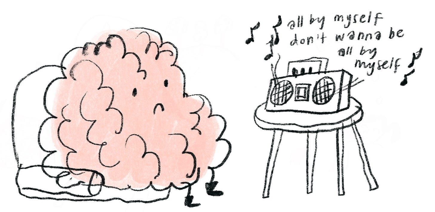 A sad cartoon brain sitting in a chair listening to the song 'all by myself' on a radio. 