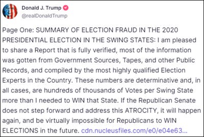 Trump's Truth Social post announcing the release of his alleged report confirming election fraud Trump's Truth Social post announcing the release of his alleged report confirming election fraud
