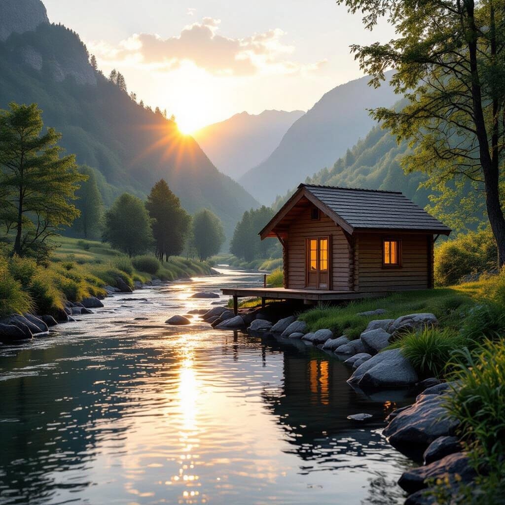 A stunningly beautiful photographic masterpiece of a simple, elegant wooden hut on the bank of a gently flowing river in...