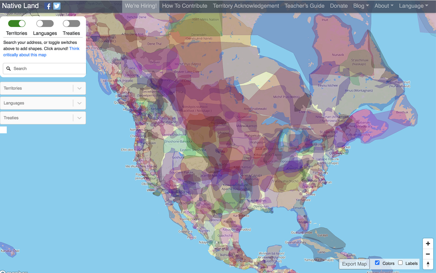 a map of North America with overlapping color areas denoting Native tribes who lived there