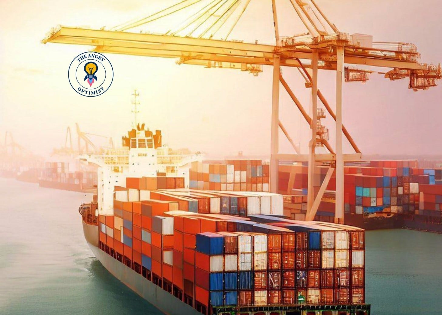 A container ship being loaded at a port with cranes A container ship being loaded at a port with cranes