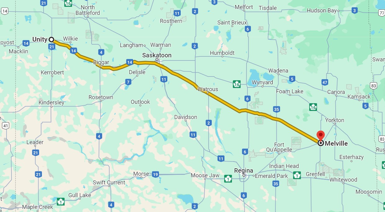 Map of Saskatchewan, with the VIA Rail service from Melville to Unity marked. Map of Saskatchewan, with the VIA Rail service from Melville to Unity marked.