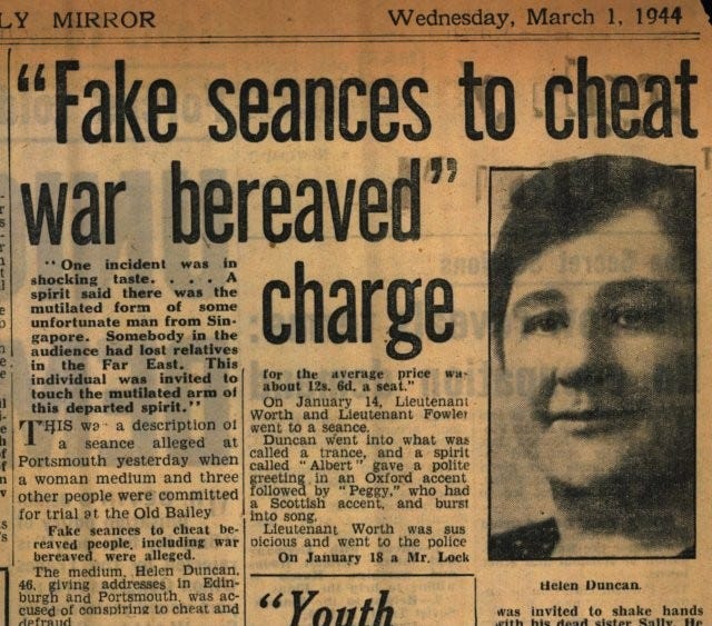 Daily Mirror headline 1 March 1944: “Fake seances to cheat war bereaved” charge – plus photo of Duncan