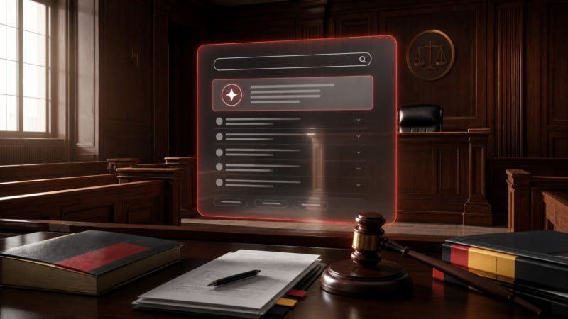An AI search answer panel is displayed as evidence in a courtroom setting. An AI search answer panel is displayed as evidence in a courtroom setting.