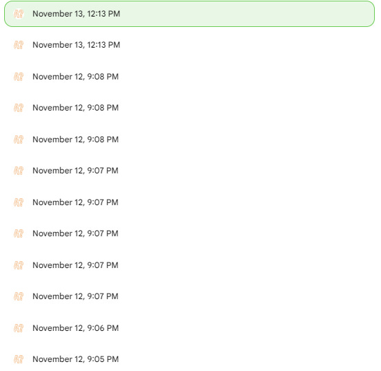 A screenshot of the Google Opal version history panel showing a chronological list of saved versions with timestamps from November 12–13.