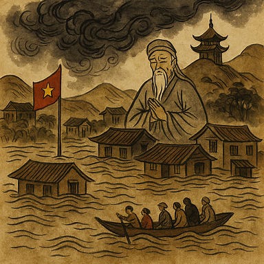 A classical Chinese-Vietnamese style illustration depicting the Mandate of Heaven: an emperor seated beneath storm clouds and floods, with celestial dragons swirling above, symbolizing Heaven’s judgment. Farmers toil in submerged fields below, while officials in ornate robes look uneasy. The composition echoes traditional dynastic scroll paintings, with muted ink tones and gold accents.