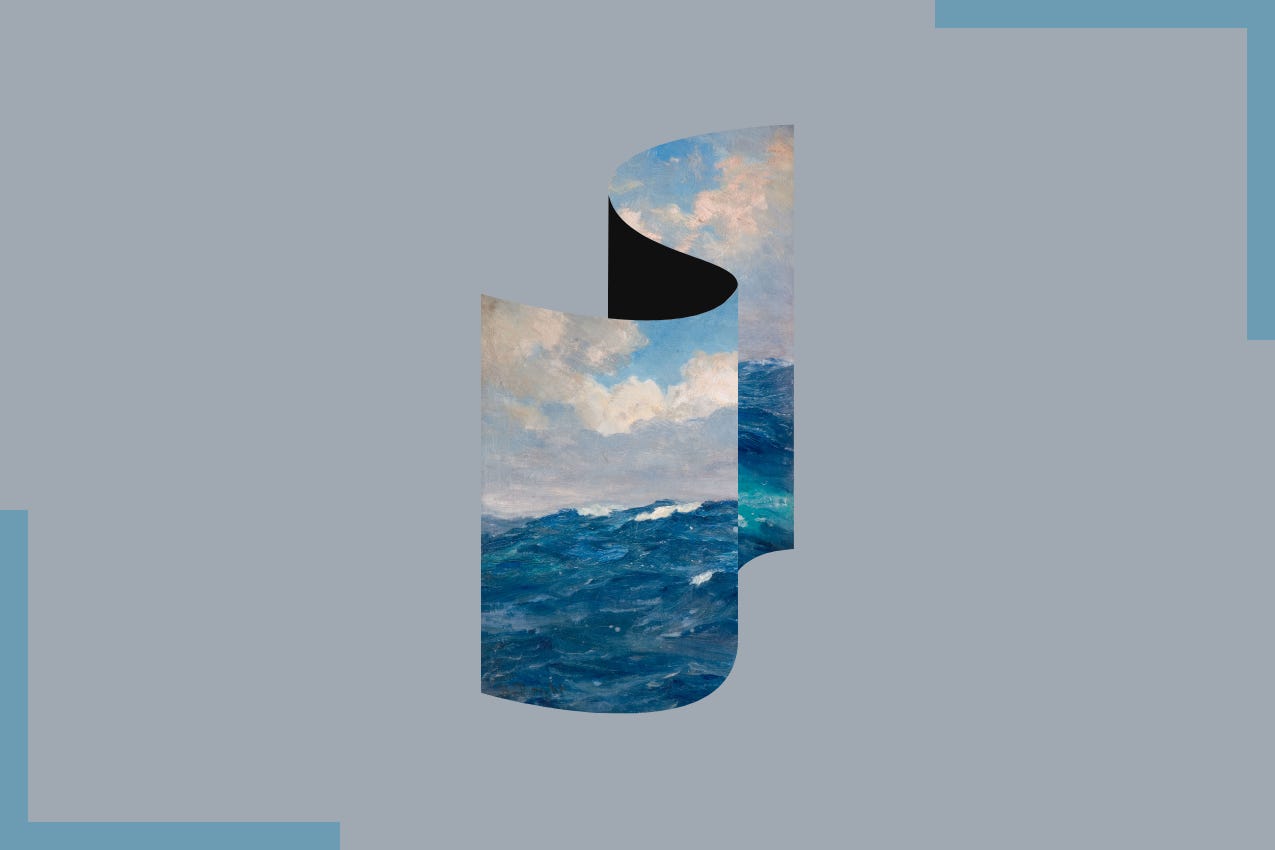 Title card for "Atlantic Rollers," featuring cresting blue waves and a cloudy sky, presented as a curving, undulating photographic print. The image is angled to emphasize its curled edges, revealing a dark interior void behind the center. The composition is set against a flat, slate-gray backdrop. Part of the Frescoed series at The Subtext Review.