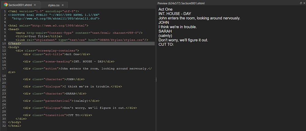 Building A “Screenplay Format” Using VS Code and Sigil for your E-PUB There are 3 FREE apps you can use to create an E-PUB file. Here I’ll show you how to build a screenplay format using VS Code and Sigil.