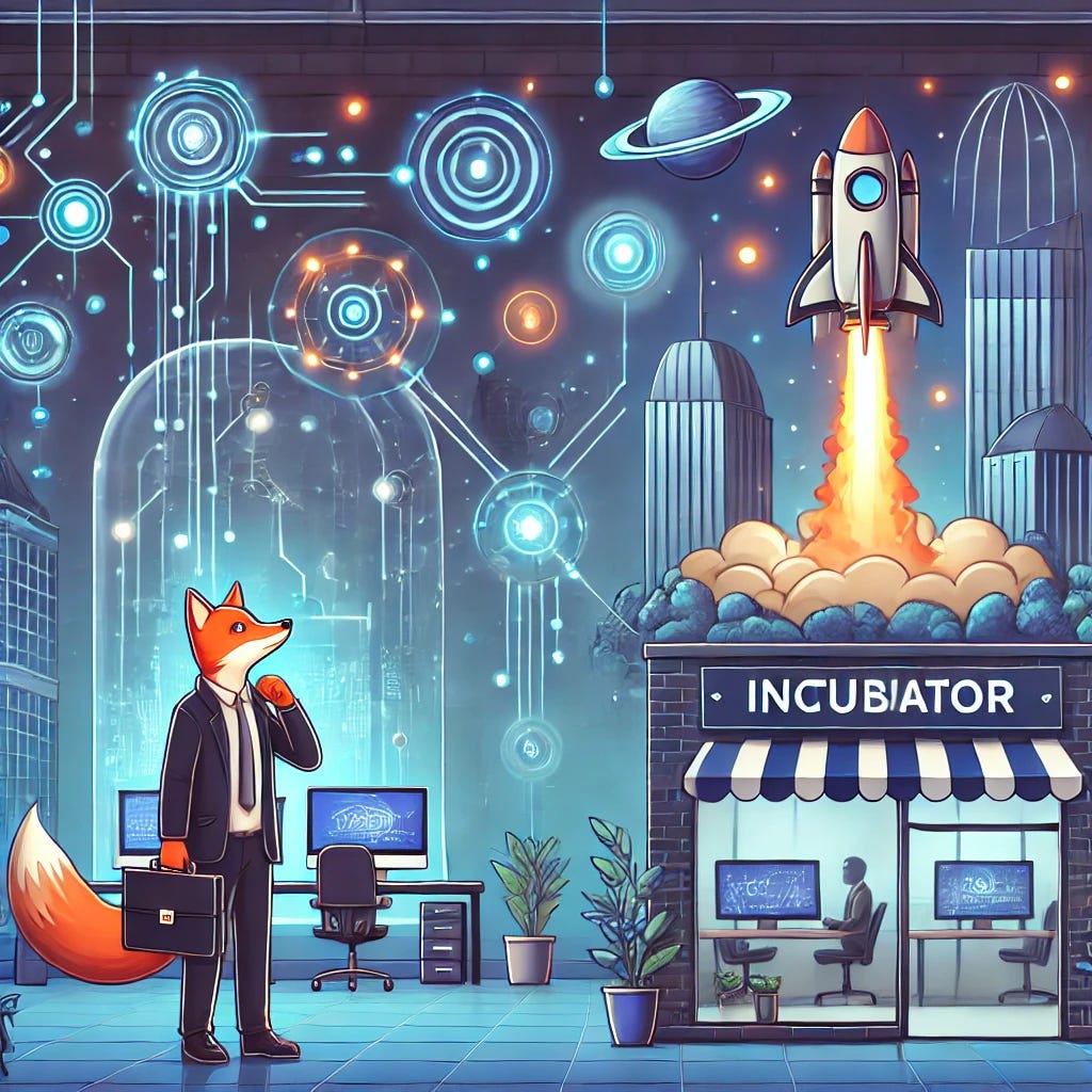 An illustration featuring a futuristic incubator with glowing startup logos, a rocket launch in the background, and a clever fox holding a briefcase and gazing at the startups, set in a modern tech campus.