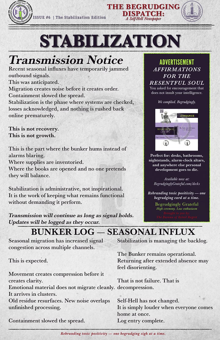 A four-page spread from The Begrudging Dispatch, Issue #6: Stabilization, designed as a distressed, monochrome newspaper. Pages include a Transmission Notice about seasonal signal congestion, a Field Report titled “Accounting Error” using survival and ledger metaphors, a Complaint Conversion Unit advisory column, and a Domain Update documenting artifact distribution, infrastructure anomalies, and external contact. Visual style is bureaucratic, occult-adjacent, and intentionally clinical.