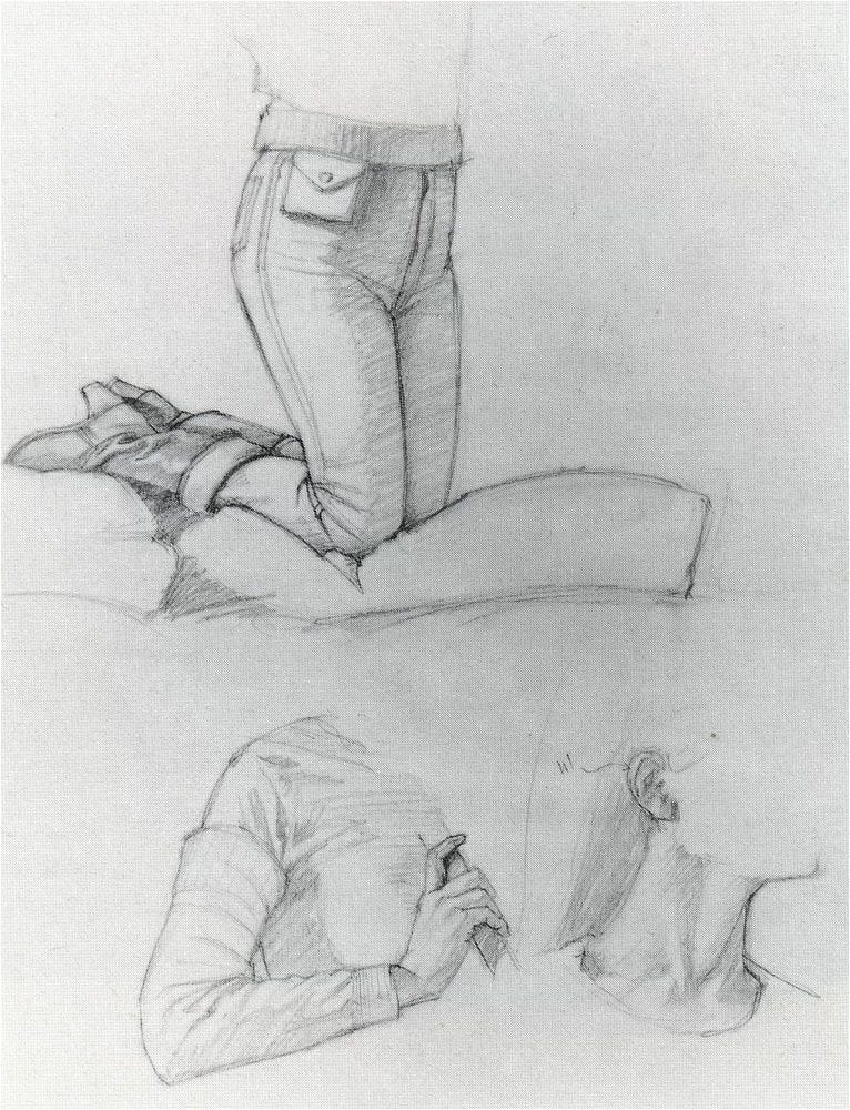 Pencil studies of figure details of the human female from GOLDEN WITCHBREED. The top sketch is detail of her lower half including her jeans and boots as she kneels. Below left is a partial sketch of her upper torso showing detail of her arm warms and her grip. Below right is a partial sketch of her head featuring detail of her ear and the musculature of her neck as she turns her head.