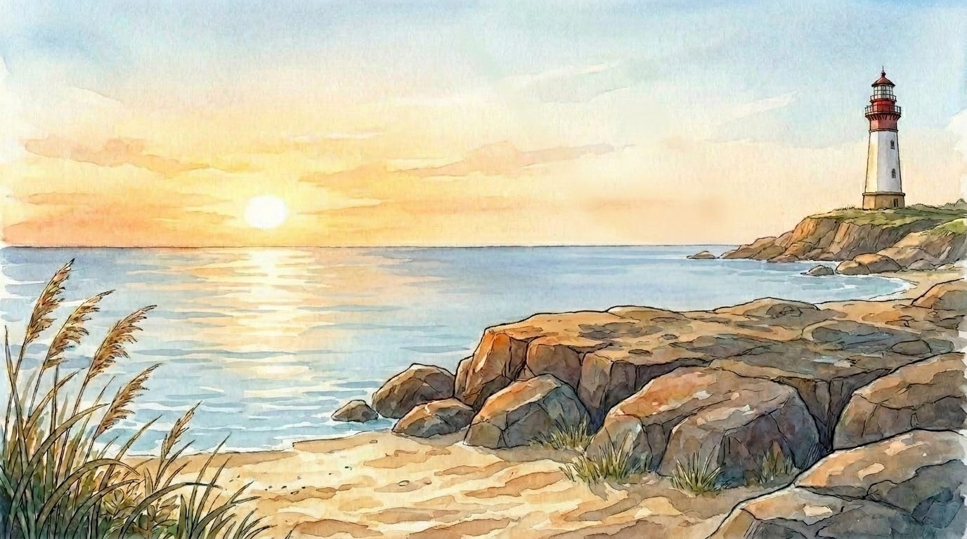 An empty flat rock at the end of the beach holds the quiet at the close of a Prince Freddie bedtime story.