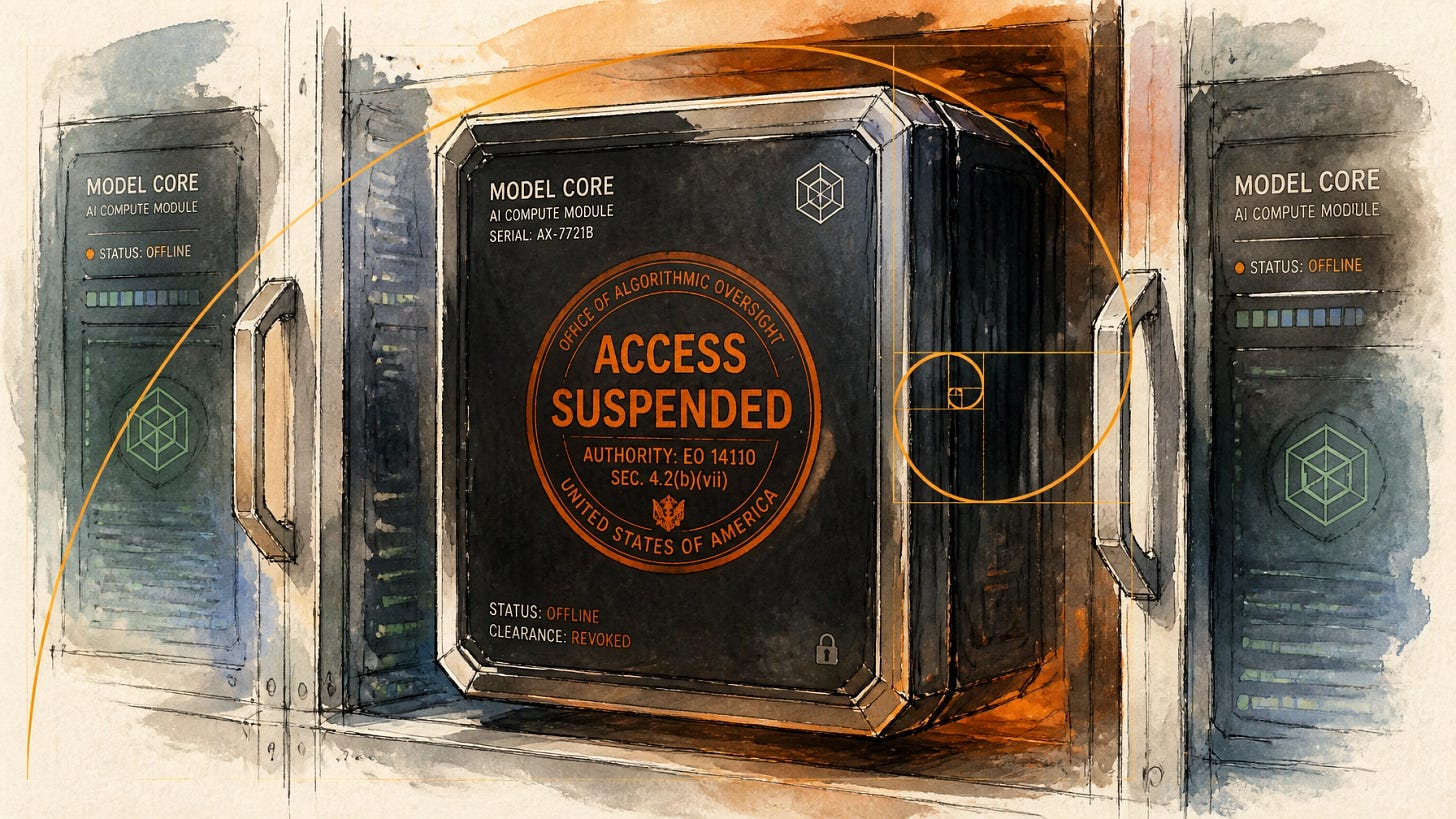 A futuristic AI compute module powering down inside a server rack with an Access Suspended seal across it, representing Anthropic disabling Fable 5 and Mythos 5 to comply with the US export-control directive
