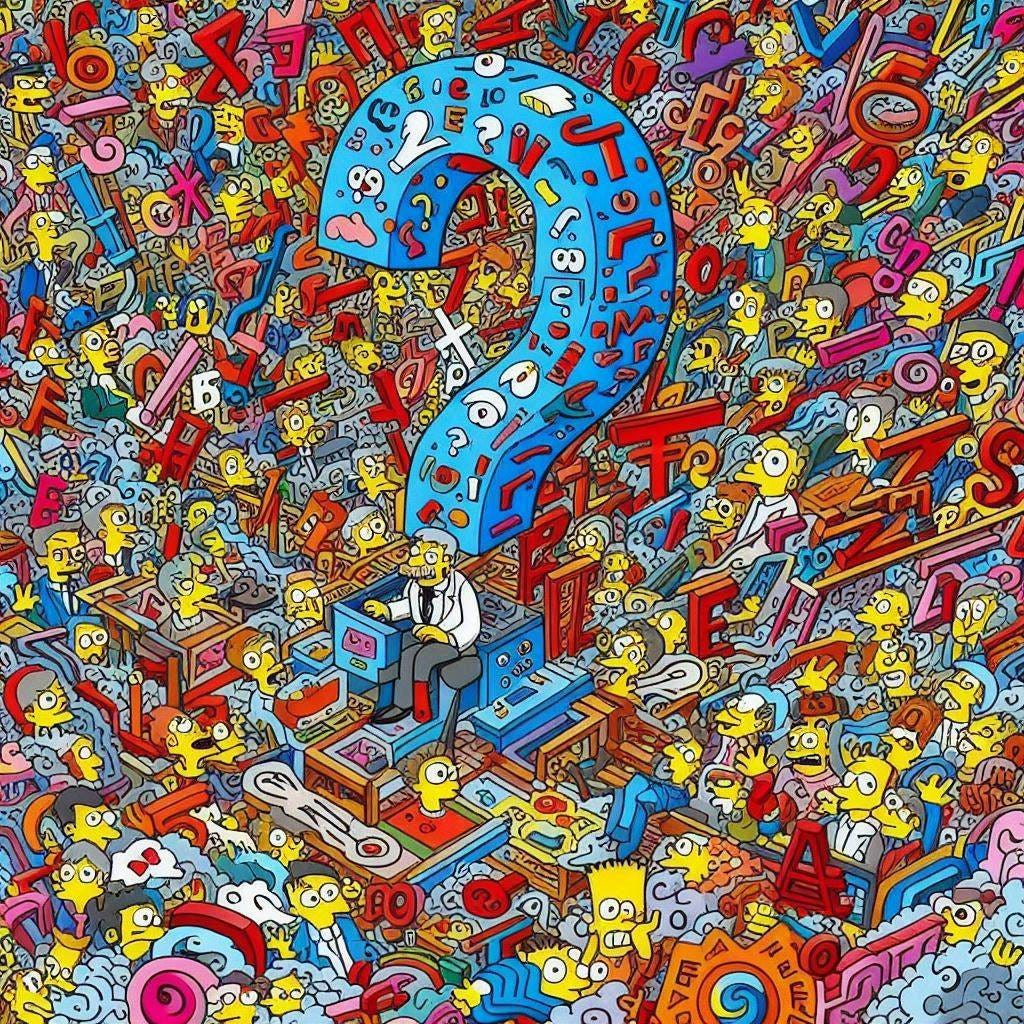 an mc escher crazy drawing with punctuation marks everywhere in the style of The Simpsons