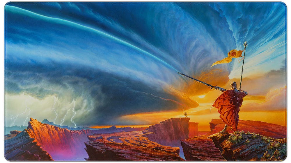 Playmat with rounded corners featuring THE WAY OF KINGS. Description: A cloaked and armored figure raises his sword in salute to a tiny figure in the distance separated by a chasm of broken earth shrouded by mist. A massive storm cell winds gray and blue across the sky intersecting the tip of the extended sword. A bright line of blue runs across the clouds as if etched by the unusual half-hilted, wavy blade. The orange cloak covering most of the figure (as viewed from behind) is decorated with a mass of wild crustacean arms ending in crescent claws. The icon on the pennant, flying tall on a pole held offhand, depicts a crab-like creature. The sky to the right of the storm is tinted warm yellow as the sun peeks out. A sliver of moon can be seen in a blue-sky break between the clouds. In the background left forks of lightning strike at the distant mountains on the horizon.