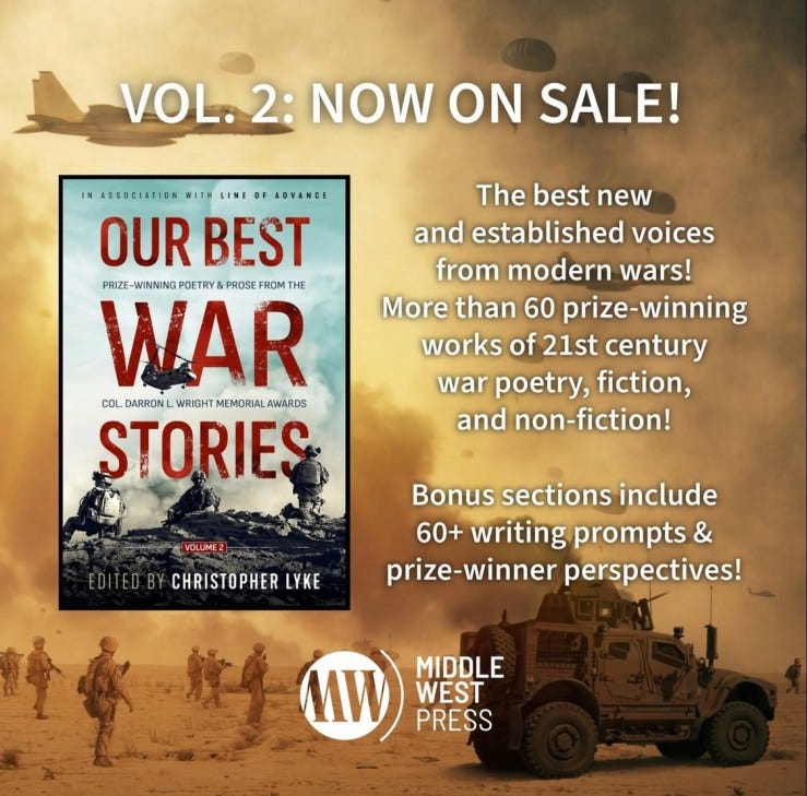 Book advertisement for Our Best War Stories, Vol. 2: NOW ON SALE! The best new and established voices from modern wars! More than 760 prize-winning works of 21st century war poetry, fiction, and non-fiction. Bonus sections include 60+ writing prompts & prize-winner perspective! The background photo is of a golden smoky battlefront, with a jet flying overhead, parachutes, a military hummer, and footsoldiers. Superimposed on the scene is the book cover with its own war scene, of soldiers on guard and a helicopter above them. The book is edited by Christopher Lyke and published by Middle West Press.