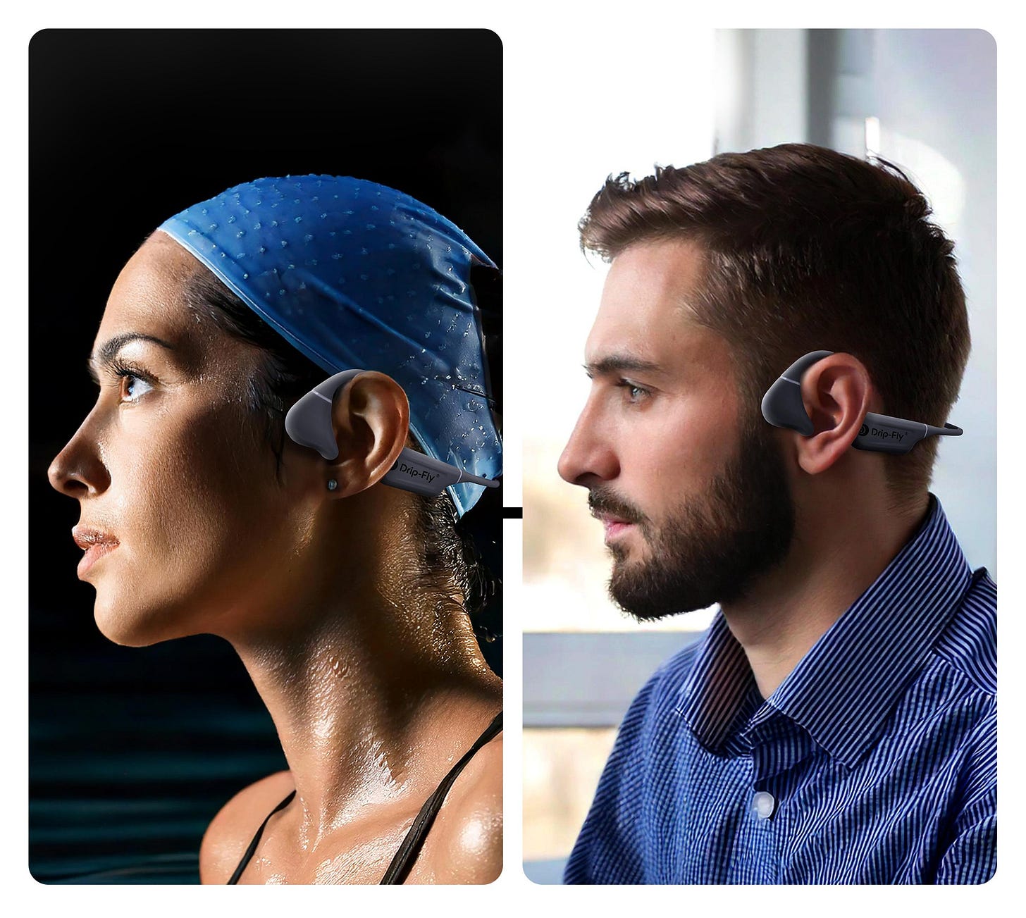 A swimmer and a man wearing drip-fly oz5 grey bone conduction headphones